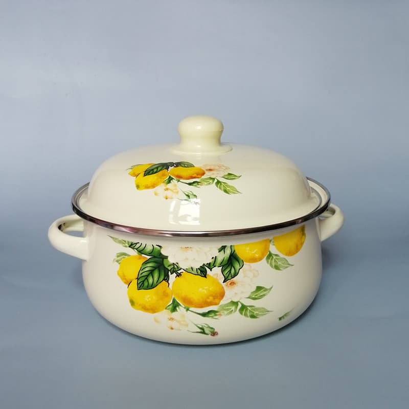 Retro Thickened Double-Ear Pot Noodle Bowl Stew Pot Induction Cooker Heated Enamel Soup Basin Household Enamel Soup Bowl with Lid