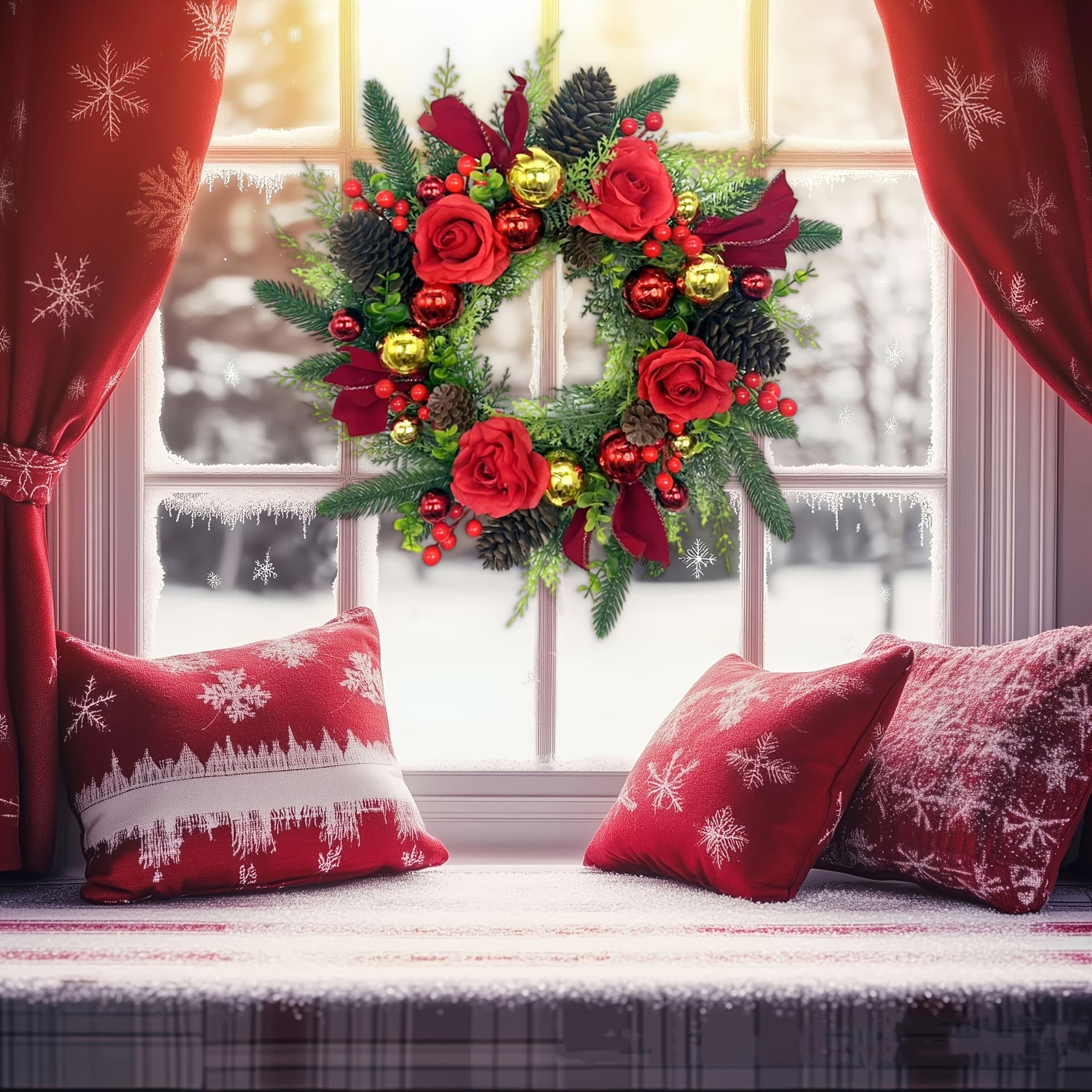 Zhixiang 2025 Cross-border New Christmas Wreath for Courtyard Door Hanging with Rose and Gold Ball Ornaments