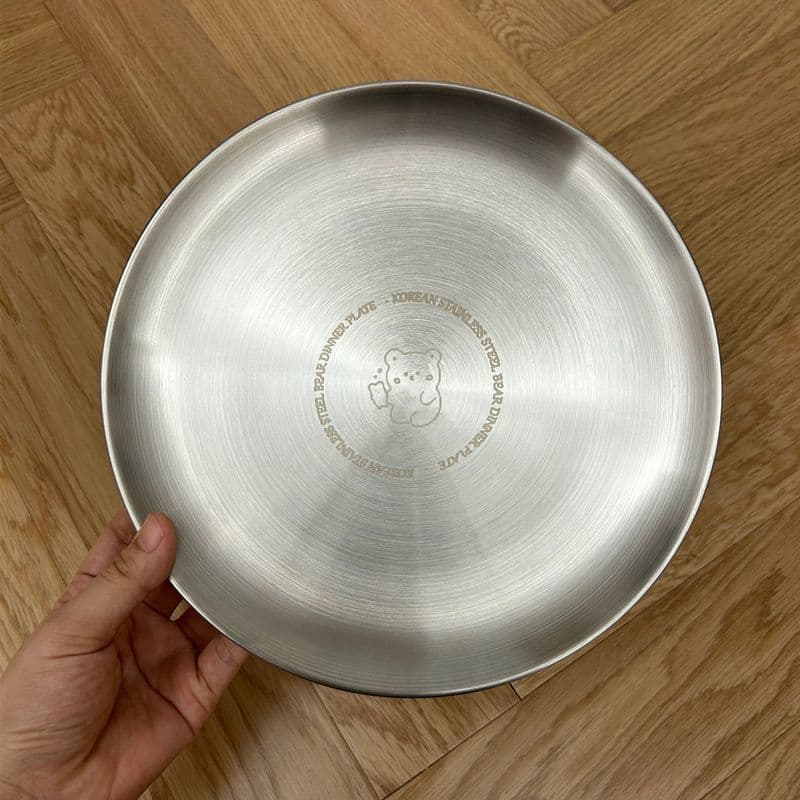 Korean Style Ins Little Bear Stainless Steel Plate round Multi-Function Roast Meat Tray Cute Picnic Plate Home Use Large Plate