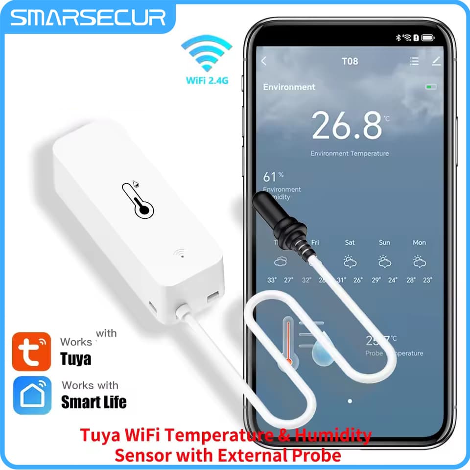 Tuya Smart Wireless WiFi Temperature and Humidity Home Fish Tank Freezer Wine Cellar Cigar Wireless Temperature and Humidity Sensor Probe