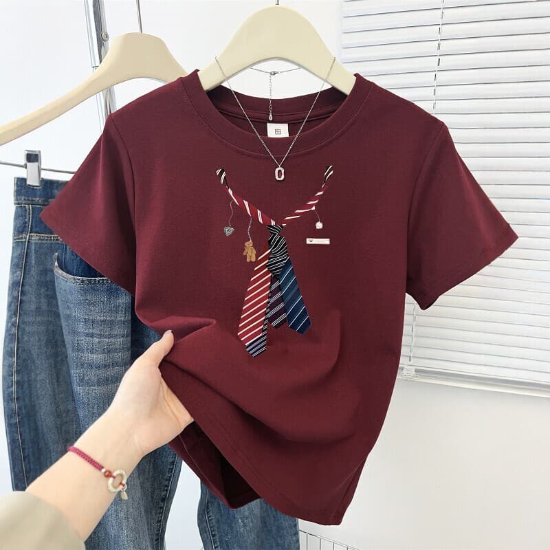 Cotton 2026 Summer New Design Sense Niche Print Short Sleeve T-Shirt Women Korean Fashion Round Neck Versatile Top