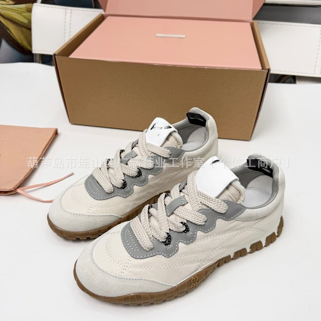 Miu's Nylon Genuine Leather Retro German Training Shoes Thick Sole Casual Athletic Agility Sneakers Soft Sole Cookie German Training Shoes Trendy Brand