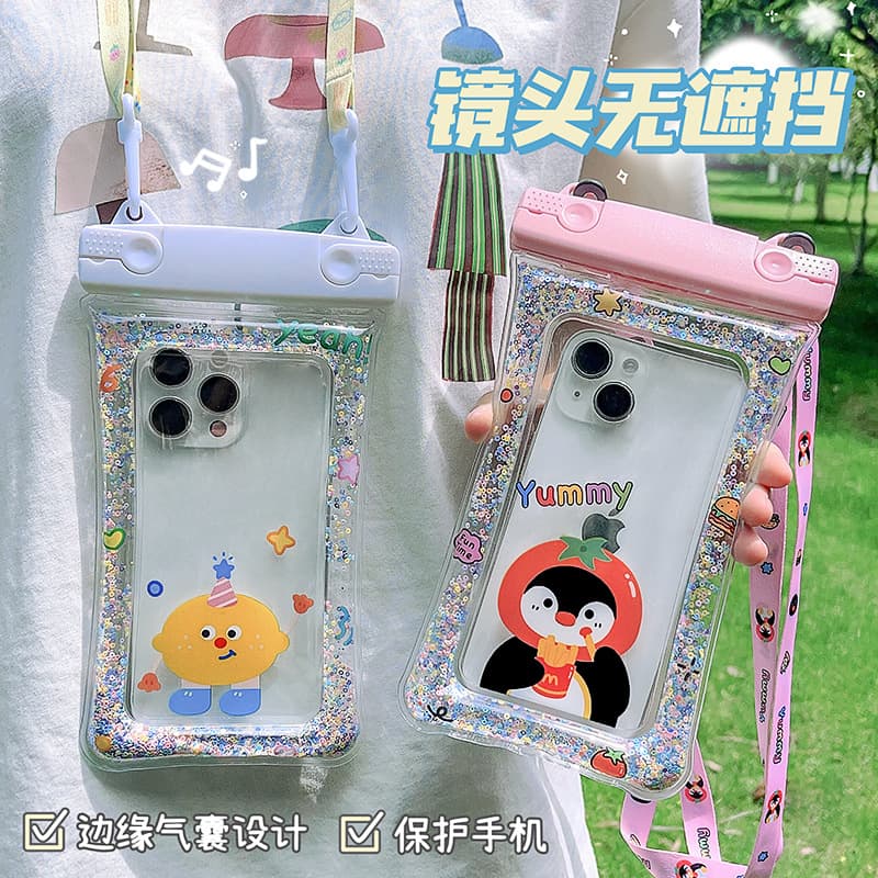 Cute Cartoon Waterproof Phone Bag with Airbag Floating Touchscreen Case, Wholesale for Camping and Swimming Phone Pouches
