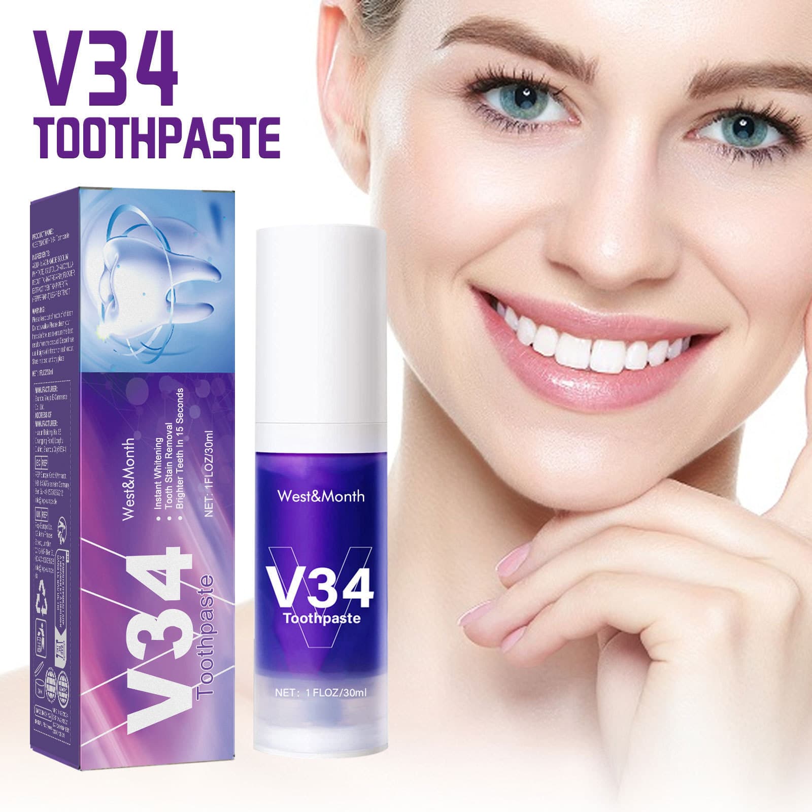 Cross-border West&Month V34 Tooth Cleaning Mousse Whitening Stain Removal Toothpaste Improves Yellow Teeth Freshens Breath Refreshing