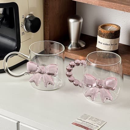 High-looking pink bow glass ins style heat-resistant transparent water cup home creative mug cute girl