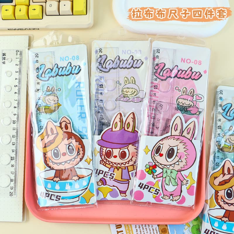 Cute Cartoon Labubu Transparent Ruler Set Student Exam Study Four-Piece Set Straight Ruler Protractor Multifunctional Ruler