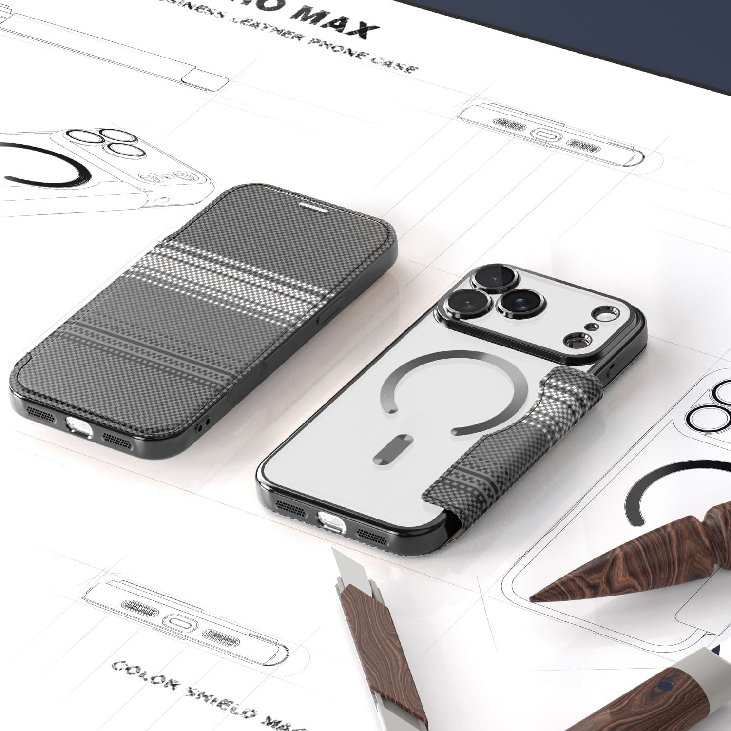 Compatible with iPhone 17 Pro Max Case, Leather Flip Cover Kevlar Magnetic iPhone 16 Card Slot Protective Case 15