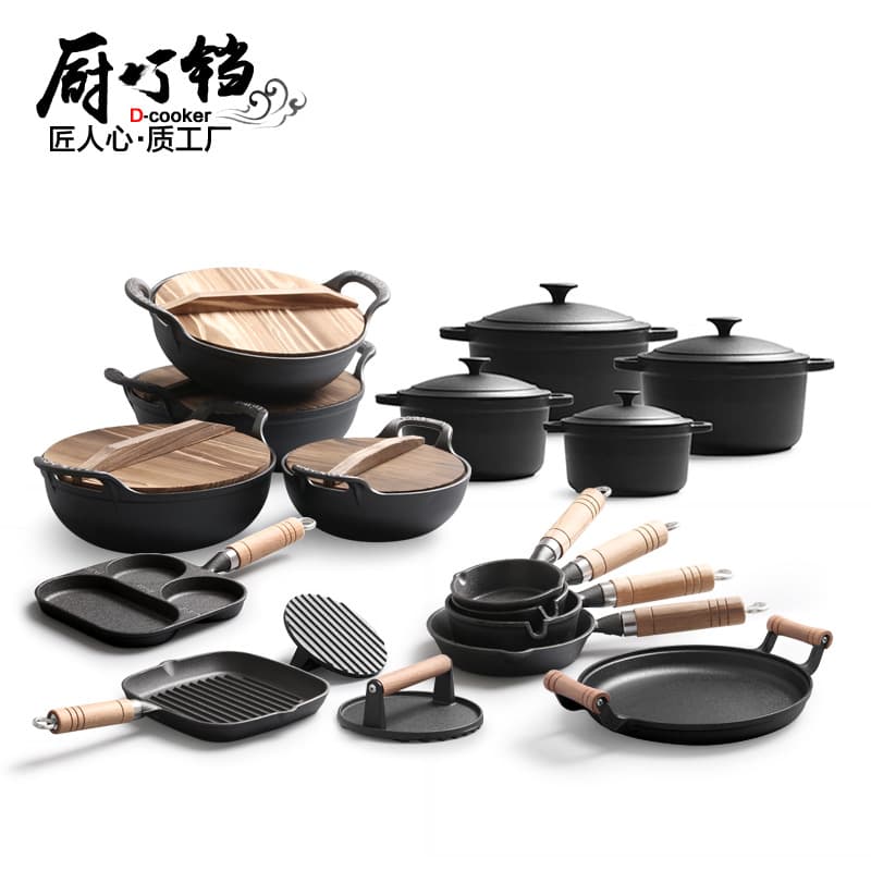 Cast Iron Pot, Uncoated Stew Pot, Small Oil Splatter Pot, Wooden Handle Steak Pot, Thickened Cookware Set with Round Press Plate