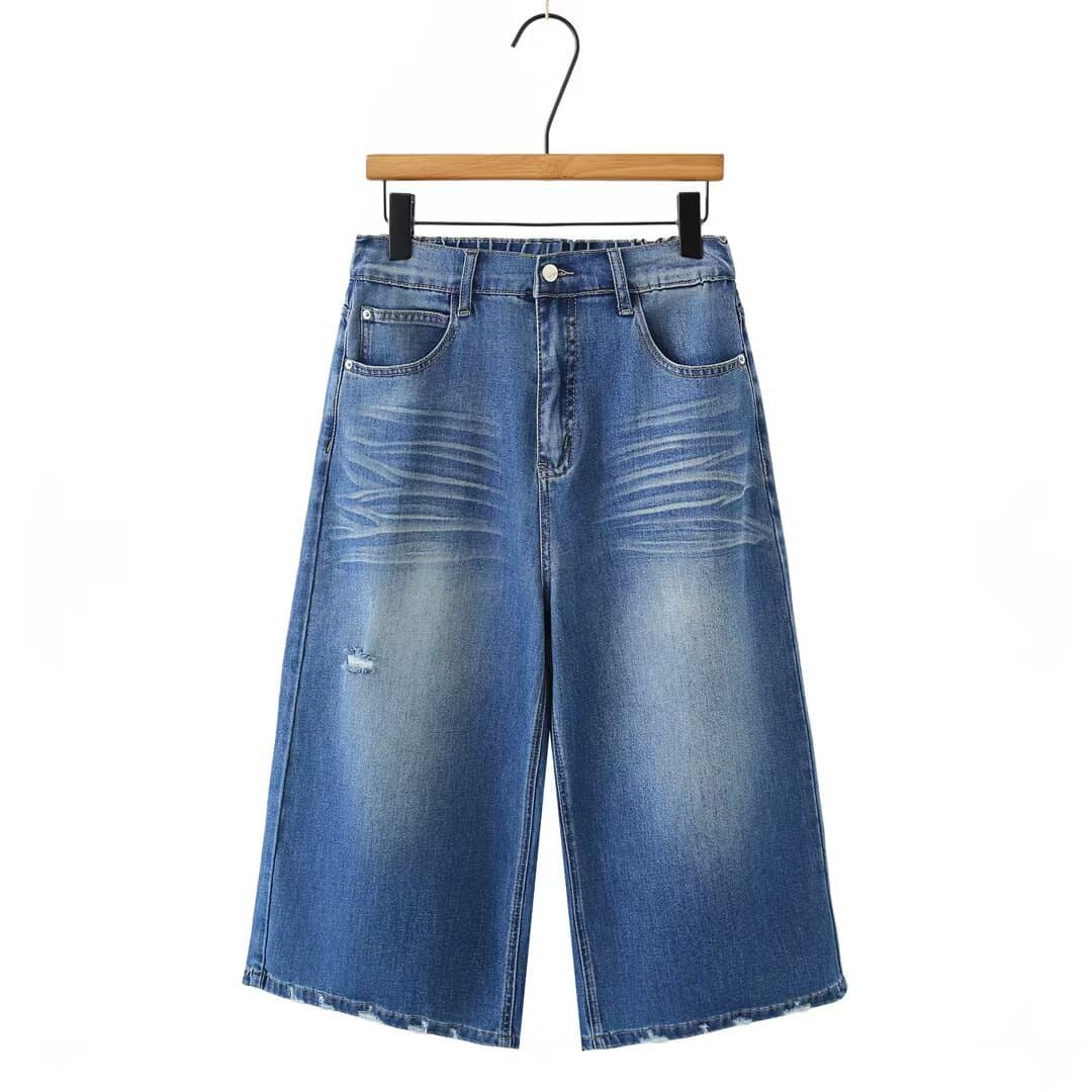 【Special】Niudaxia Women's Capri Pants, Plus Size, Summer New Arrival, Boyfriend Style, Distressed Wide-Leg Pants 0595