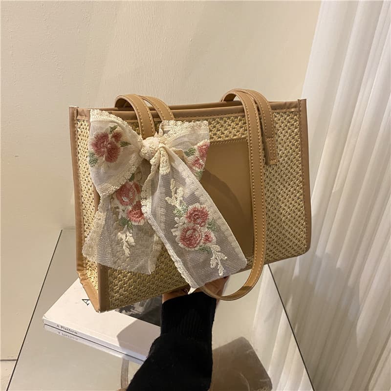 New Woven Straw Tote Bag Simple Elegant Scarf Shoulder Bag Literary Lady Summer Beach Large Capacity Handbag
