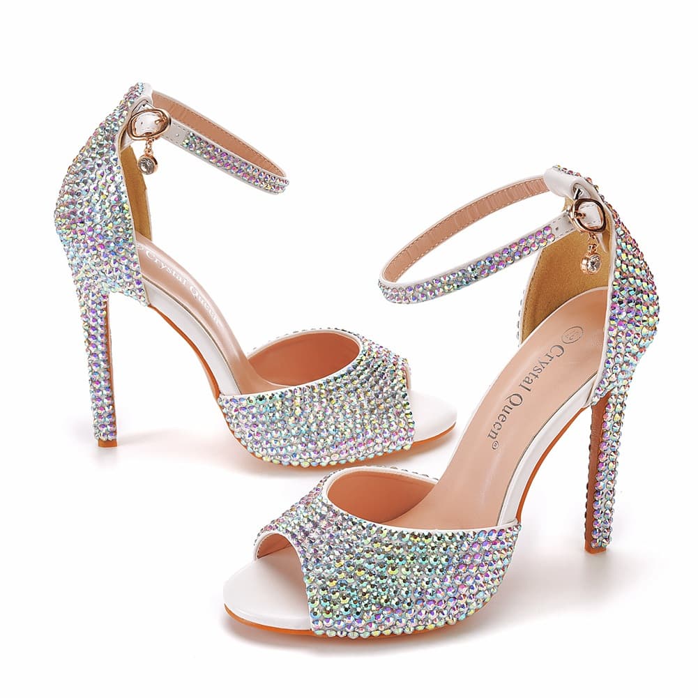 11cm Peep Toe High Heel Sandals Rhinestone Open Toe One-Strap Large Size High Heel Sandals White Thin Heel Round Toe Sandals