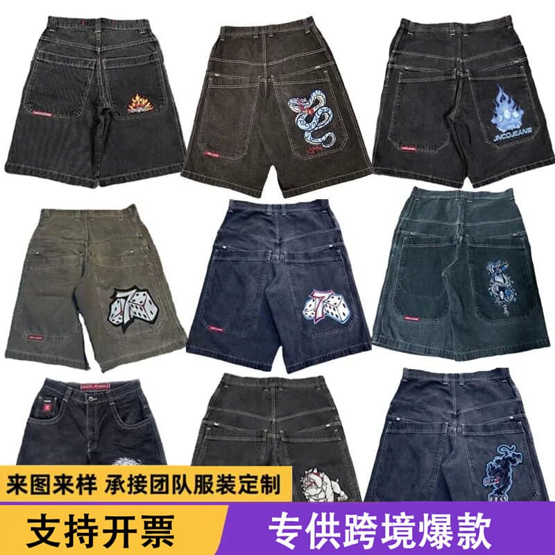 2026 New Jnco Shorts Y2K Hip-Hop Harajuku Gothic Pocket Loose Denim Shorts for Men