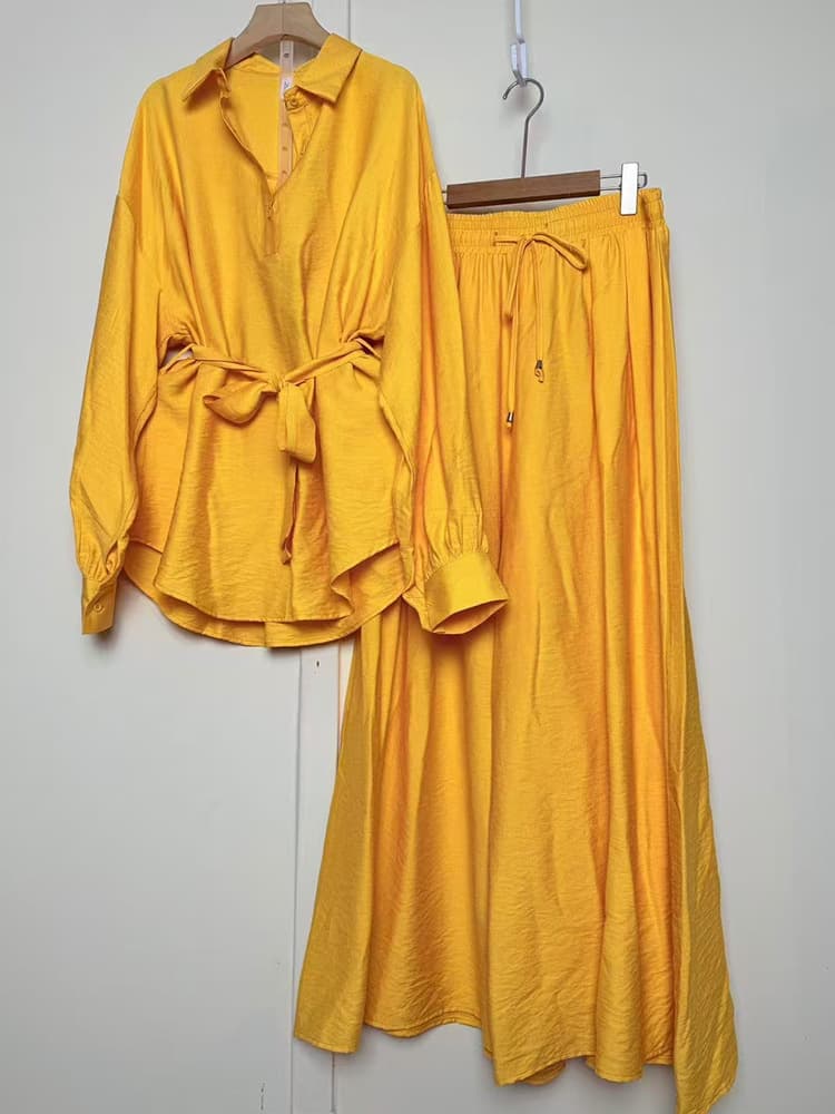 Cross-border Women's Fashion Suit: Notched Lapel Tie-Waist Pullover Shirt Two-Piece Set + Loose Wide-Leg Pants