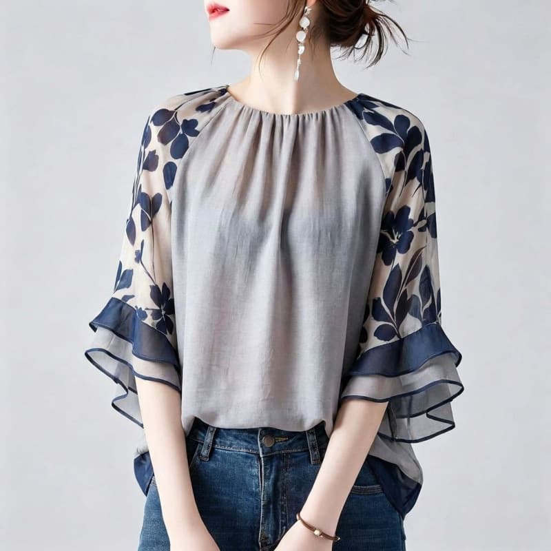 Japanese Cross-Border Export 2026 Spring-Summer New Round Neck Batwing Sleeve Print Top Women's Loose T-Shirt Comfortable