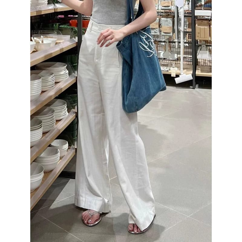 2026 new summer style small white cotton and linen wide-leg pants high-waisted slim straight casual pants for women
