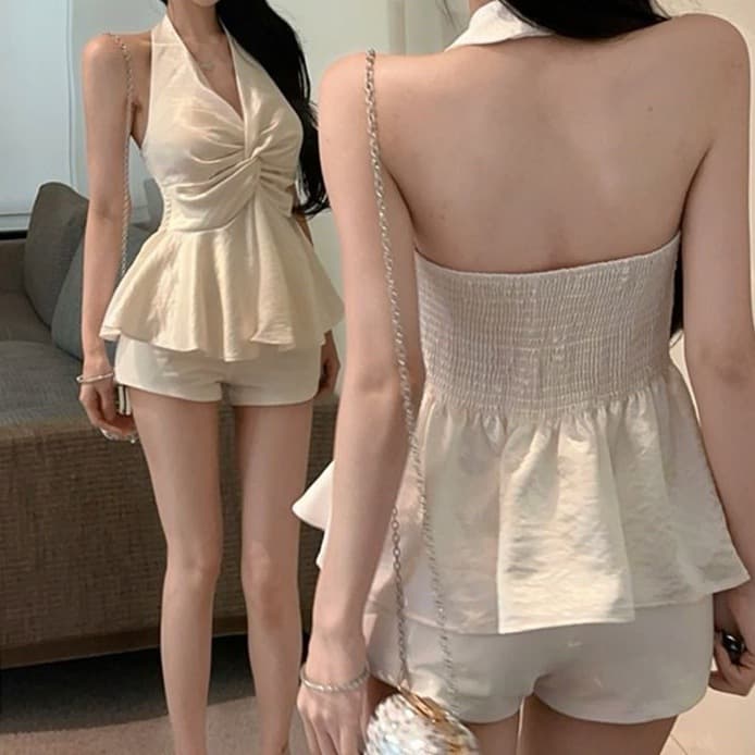 Pure Desire Knot Design Strap Vest Women Summer Backless Short Pleated Hanging Neck Slimming Spicy Girl Unique Top