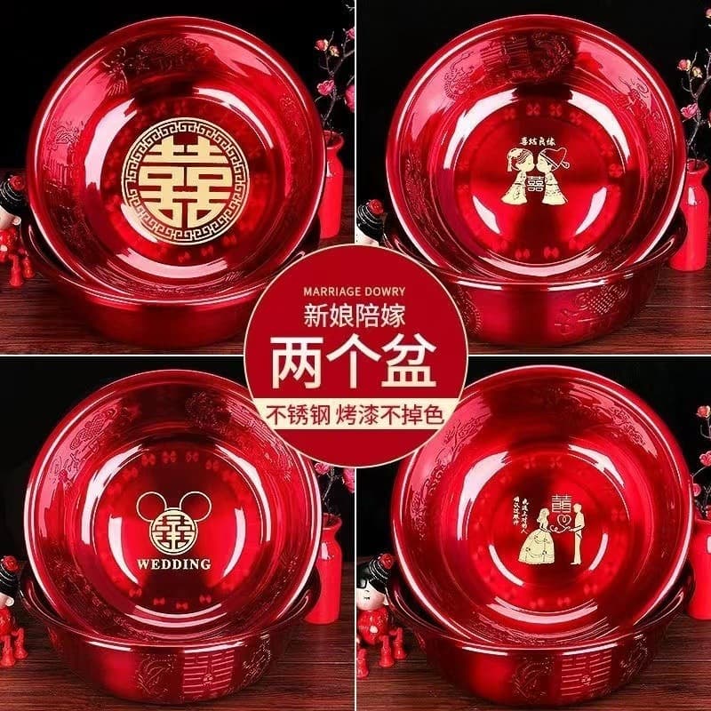 Wedding Double Happiness Basin Pair Bride's Dowry Stainless Steel Washbasin Wedding Red Basin Marriage Supplies