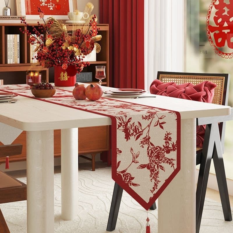 Wedding Festive Table Runner Tablecloth for Dining Table Atmosphere Tea Mat Cloth 2024 Red Double Happiness Coffee Table Cloth for Wedding Room
