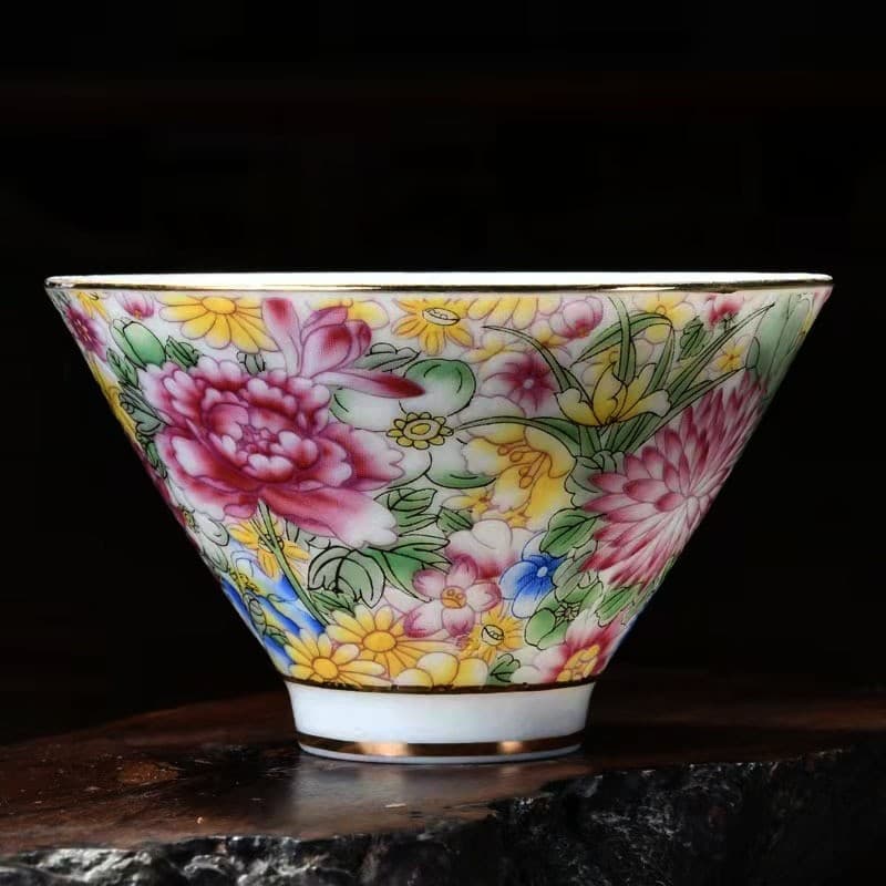 Enamel ceramic kung fu tea cup single small tea cup enamel color bamboo hat cup cup tea cup household master tea cup