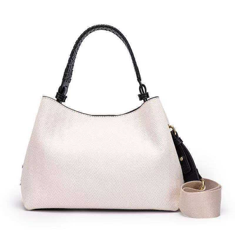 Women's woven handheld crossbody bag, white canvas bucket bag, versatile shoulder bag for commuting