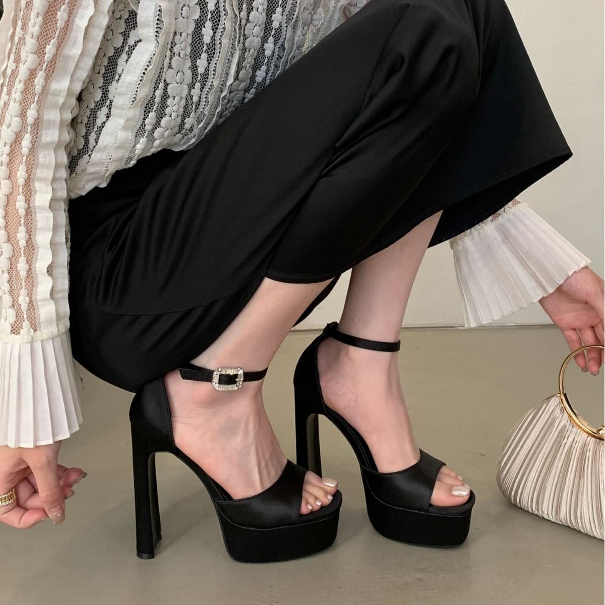 Sexy Satin Diamond Buckle Black Square Heel Thick High Heels Super Heightening Summer New Arrival Shoes Fish Mouth Shape