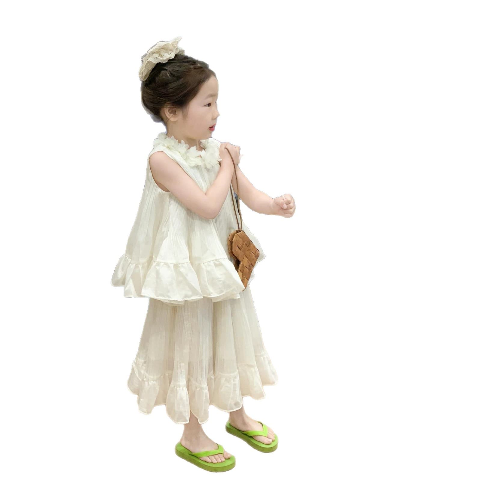 2026 Girls Summer Sweet Princess Beige Floral Collar Ruffled Sleeveless Top + Long Skirt Set