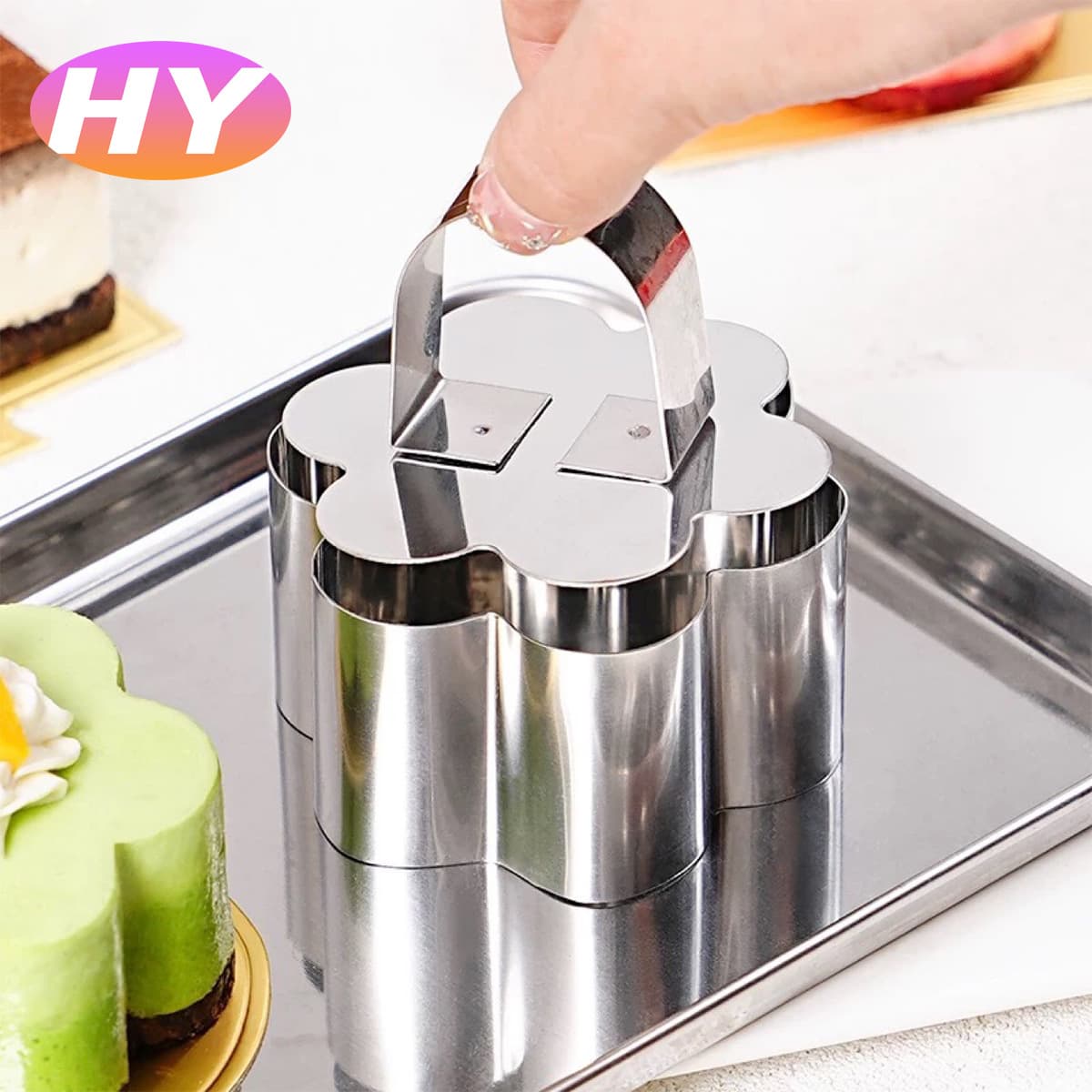 Stainless Steel Mousse Ring 2-Piece Set with Round Center Flower and Square Shape, with Push Lid, Cookie Cutter, Baking Cake Mold, Sushi Mold