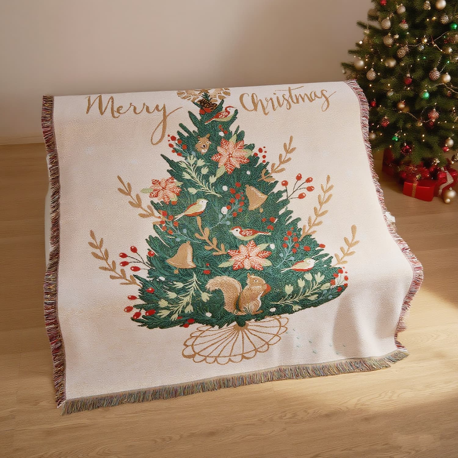 Cross-border European and American Christmas Squirrel Tree Jacquard Tapestry Outdoor Camping Blanket Festive Atmosphere Blanket Background Decoration Blanket