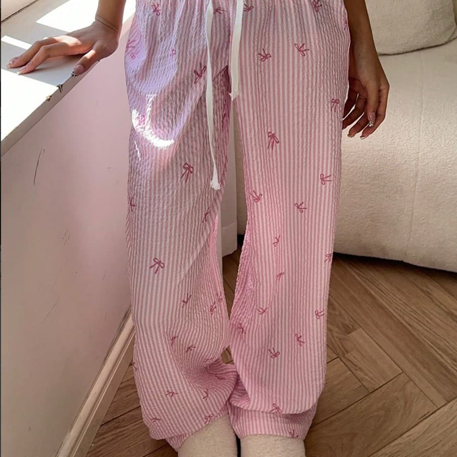 2026 Export Sweet Plaid Bow Sleep Pants Loose Comfortable Home Pants