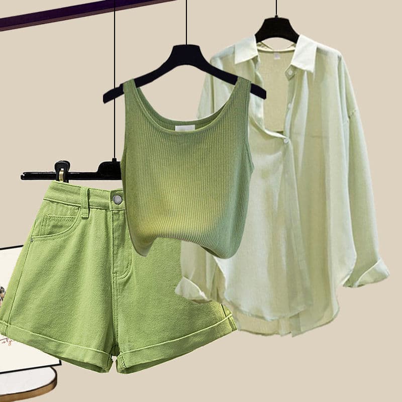 Summer Set Women 2026 New Plus Size Fashion Shirt Knit Vest Waist-Cinching Versatile Shorts 3-Piece Set
