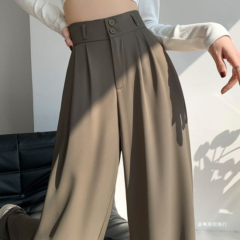 Black Suit Trousers for Women, Spring/Autumn, Petite, High-Waist, Loose, Slimming, Draped Straight-Leg, Casual, Floor-Length Pants