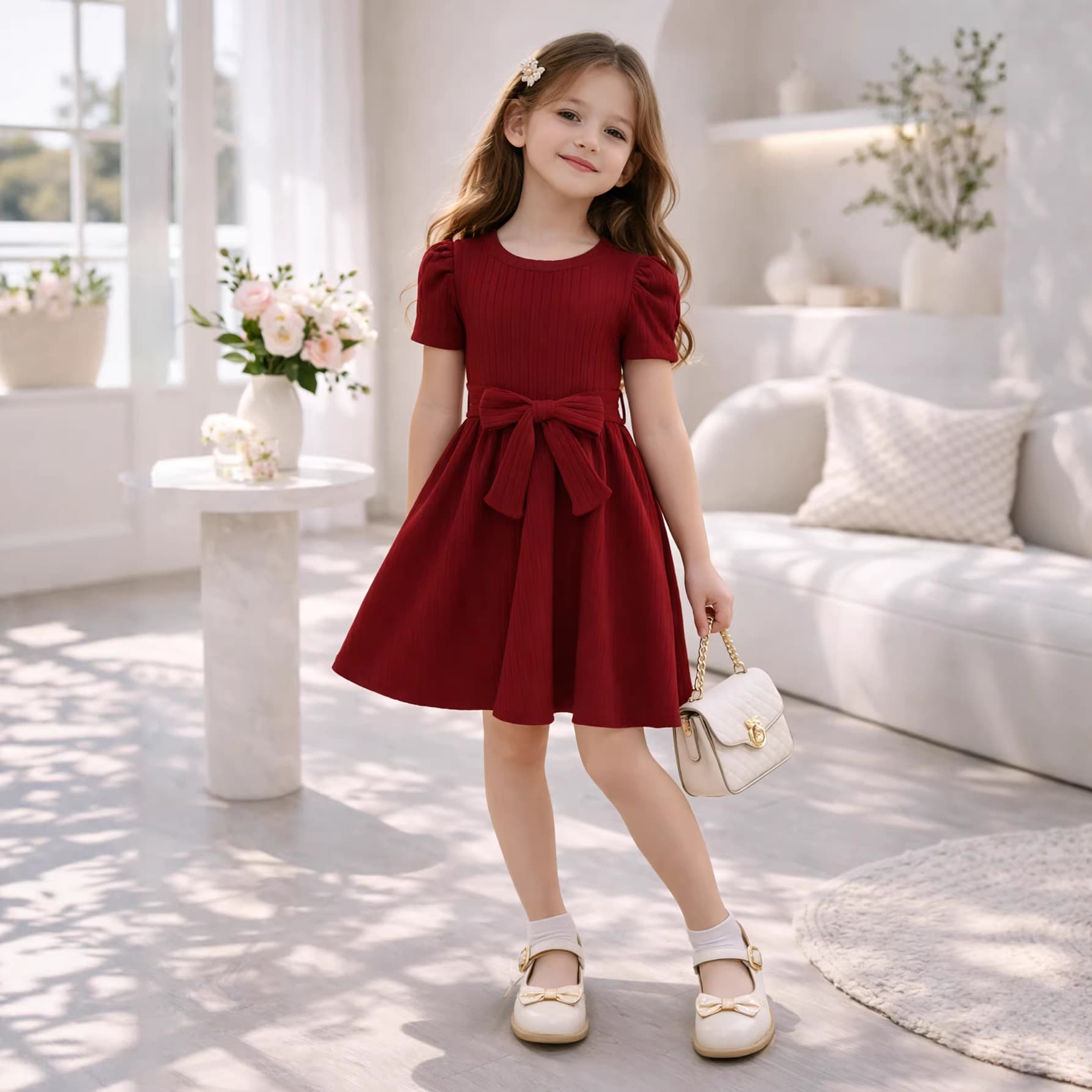 Summer Girls 4-8Y Wine Red Ribbed Short Sleeve Bow Dress Elegant Sweet Cross-Border Children's Clothing