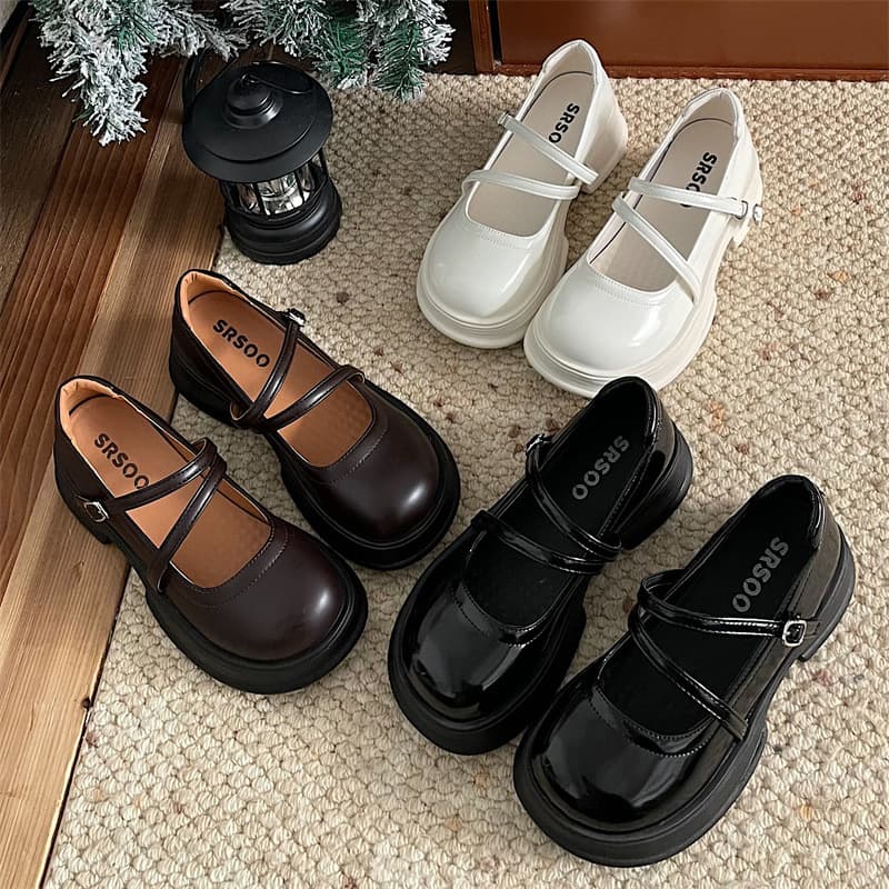 White French Retro Chunky Sole Leather Shoes for Women 2026 New Spring Mary Jane Heels with Skirts