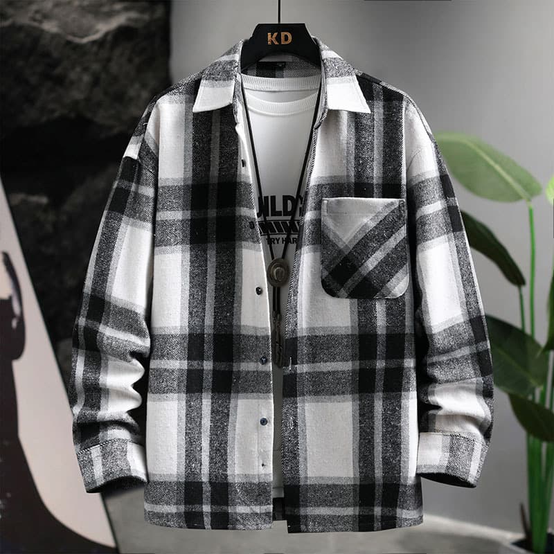 Men's Plaid Casual Long-Sleeve Shirt Jacket, Loose Fit, Turn-Down Collar, Versatile Top for Teens