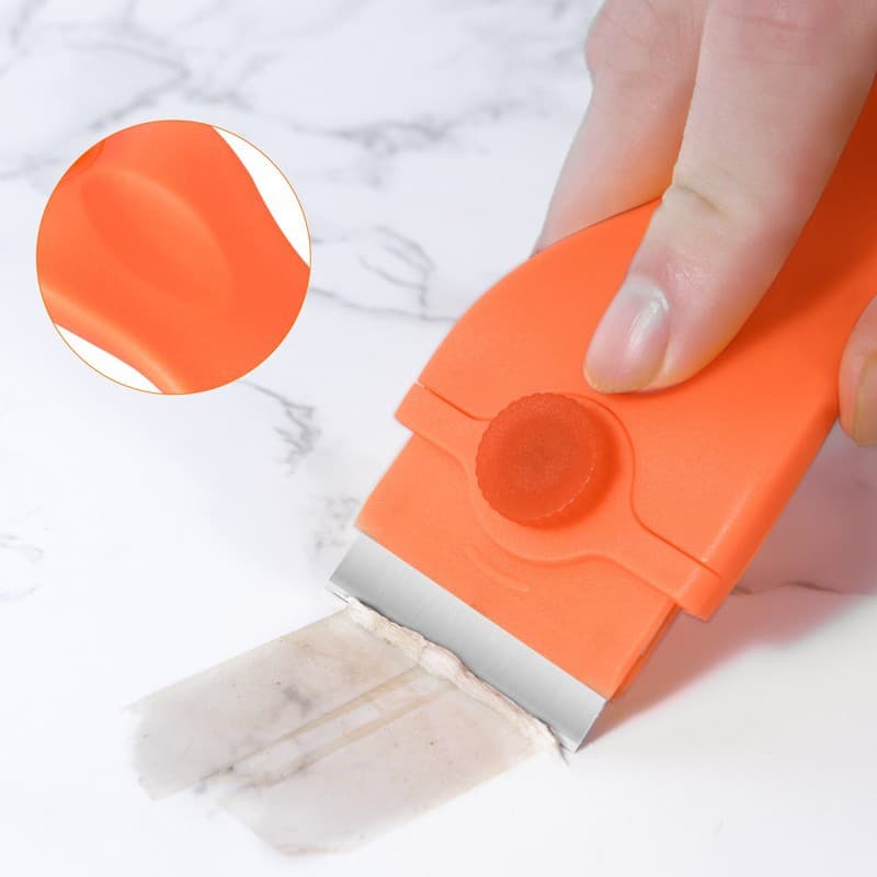 Adhesive and sticker remover with cap, metal blade, cleaning scraper, plastic scraper, multi-functional cleaning tool.