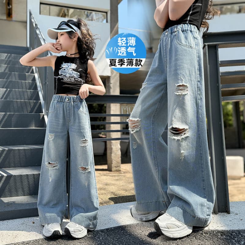 Girls' Summer Jeans 2026 New Style Medium Big Kids Fashionable Wide Leg Pants Girls Versatile Loose Long Pants