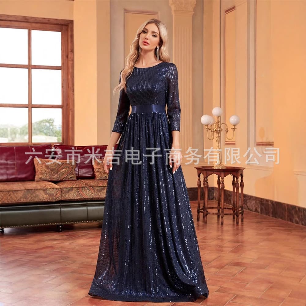 European and American Style Three-Quarter Sleeve Dress Backless Long Dress Sequin Slim Fit Fishtail Bridesmaid Banquet Party Evening Gown for Women