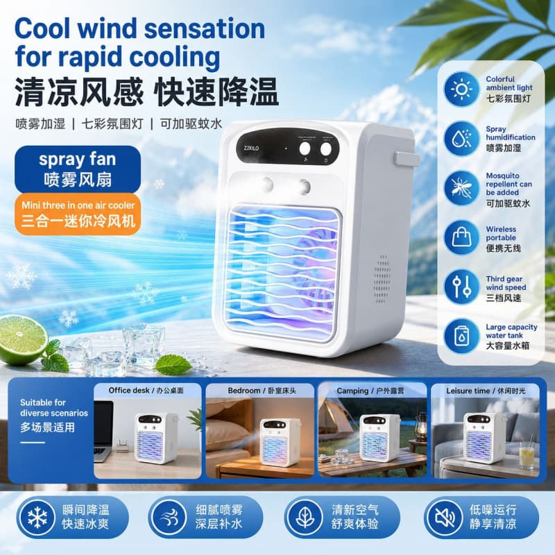 New Bluetooth Speaker Air Conditioner Fan, Dual Spray Humidifier, Rechargeable Misting Fan, Small Desktop Fan, Cooler