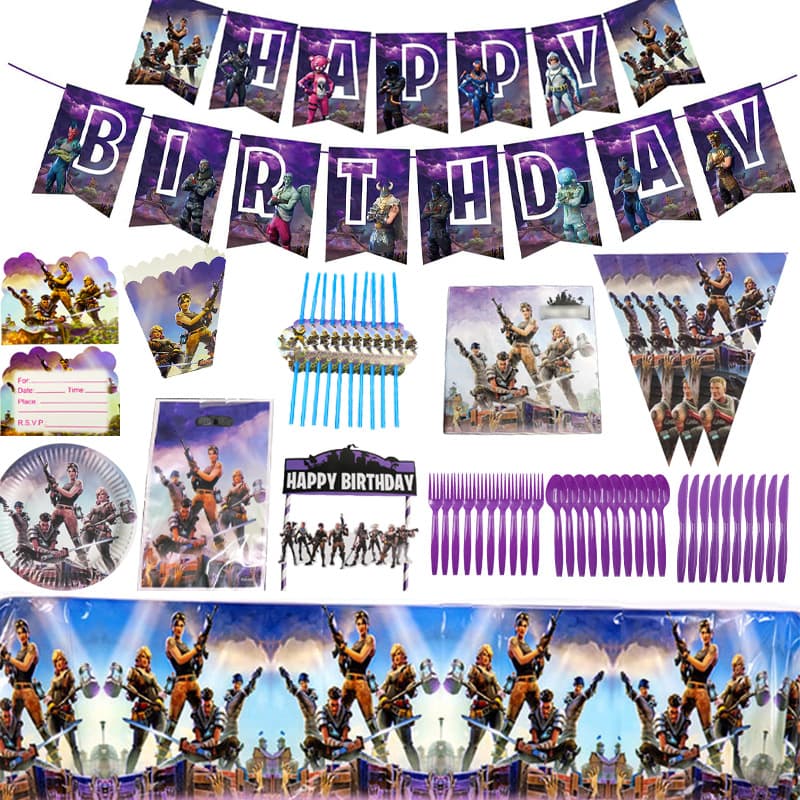 Fortnite Birthday Decoration Set Game Theme Party Banner Cake Toppers Pennant Flags Straws