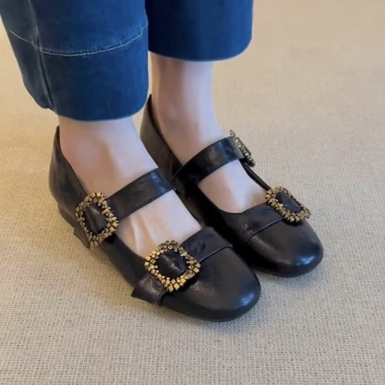 French Flat Ballet Shoes for Women, Low Heel Commuter Ballet Flats, Evening Shoes with One-Strap Buckle and Rhinestone Decoration, Mary Jane Shoes, Plus Size Women's Shoes