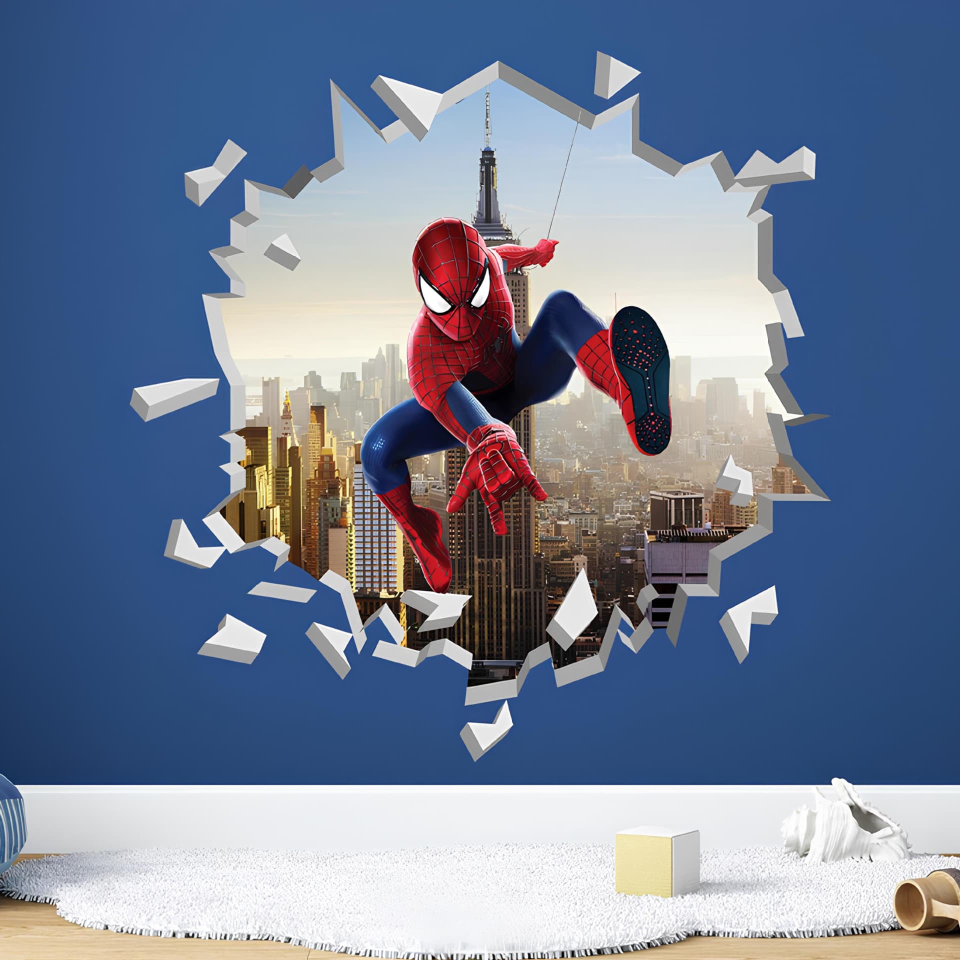 3D Breakthrough Wall Spider-Man Wall Sticker Marvel Hero Cartoon Self-Adhesive PVC Sticker Boy Bedroom Living Room Wall Decoration
