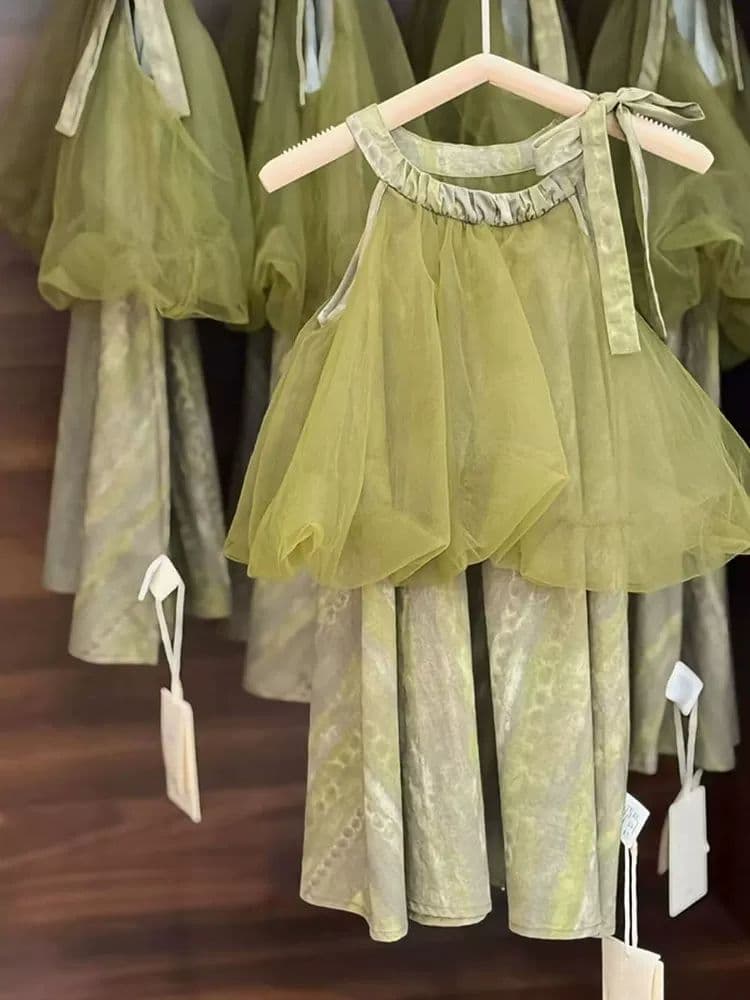 2025 New Korean Girls Dresses Spring and Summer Children's Skirts Girls Korean Mesh Baby Green Princess Dresses