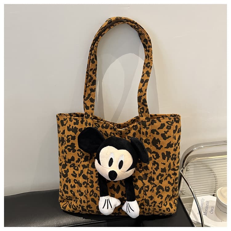 Korean Style Fashion Large Capacity Women's Bag 2024 New Trendy Canvas Bag Cartoon Mickey Leopard Print One-Shoulder Tote Bag