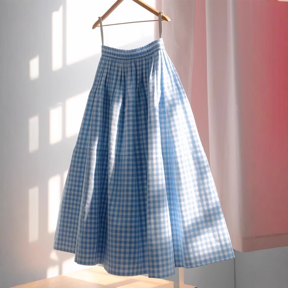 French Style Elegant High-Waist A-Line Skirt Blue Plaid Linen Cotton Flared Skirt for Women Spring