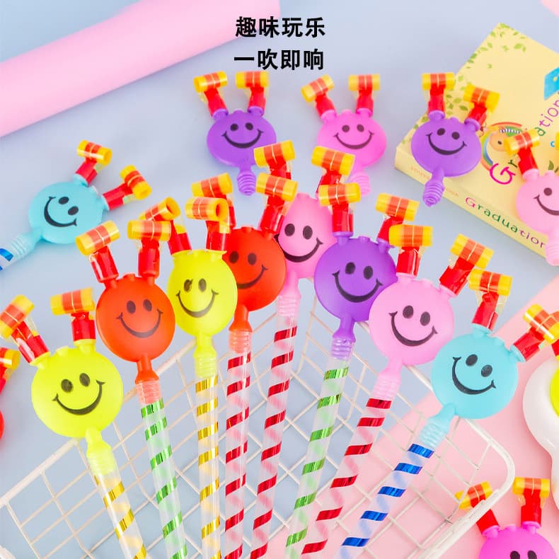 Large Blowout Smiley Face Long Stick Horn Whistle, Blowout Roll Children's Toy, Source for Street Vendors, Promotional Giveaway