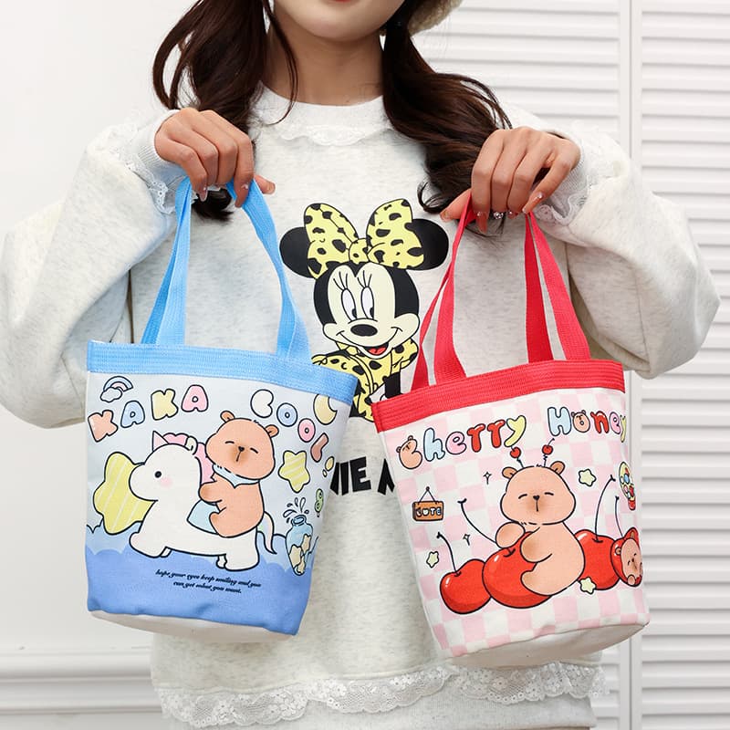 Cute Illustration Bucket Tote Bag Korean Style Girly Mommy Lunch Bag Small Work Bag Childlike Graffiti Canvas Bag