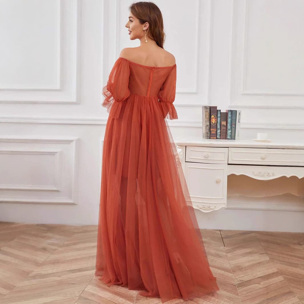 Cross-border Europe and America Evening Dress Short Sleeve Solid Color One-Shoulder Maternity Dress Long Chiffon Maternity Gown