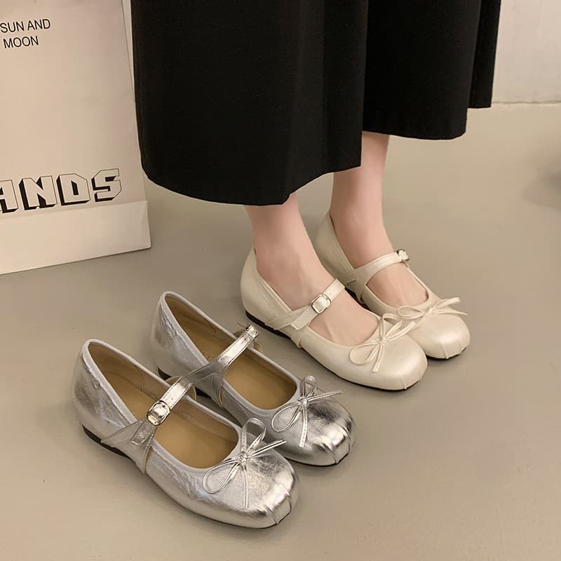 Height-Increasing Silver Flats for Women 2026 New Spring Autumn for Dresses Mary Jane Leather Shoes Ballet Style Evening Shoes