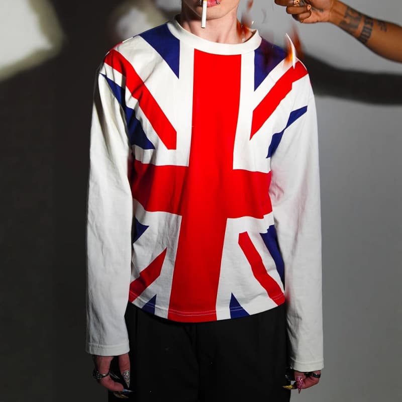 European and American cross-border round neck long-sleeved T-shirt flag oversized print Gothic high street trend retro hip-hop top y2k