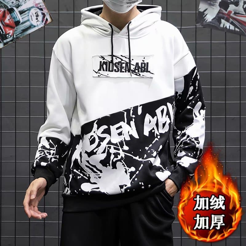 Hoodie for Men, Patchwork Spring/Autumn Ins Style Loose Fit 2021 New Long Sleeve Casual Fleece Splash Print Top